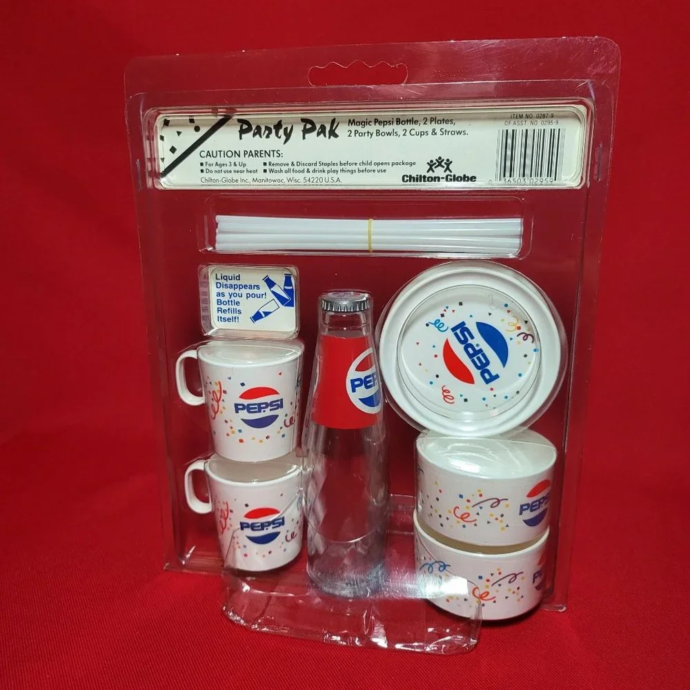 Vintage Chilton Toys Magic PEPSI Party Pack Bottle Cups Bowls Straws Plates NIP